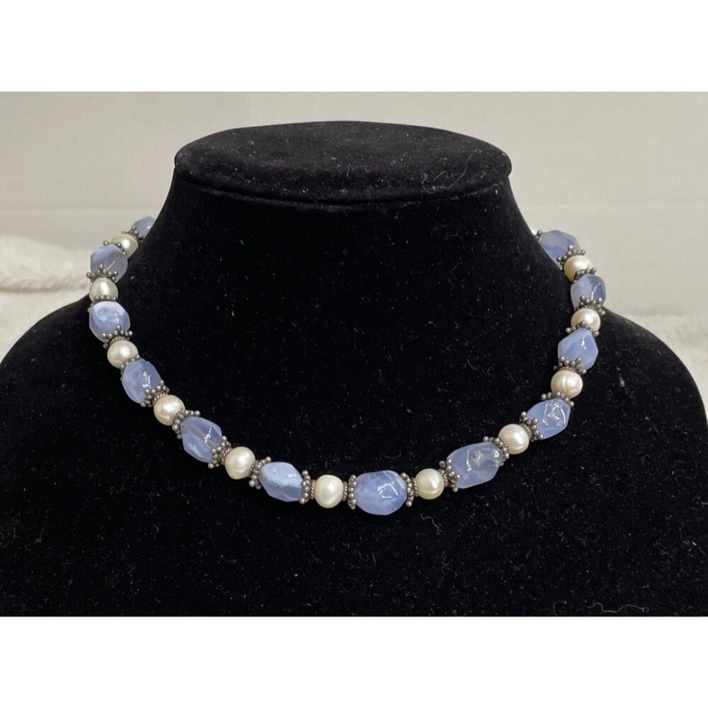 Vintage Blue Lace Agate Pearl Beaded Necklace Sterling Silver Clasp And Spacers.